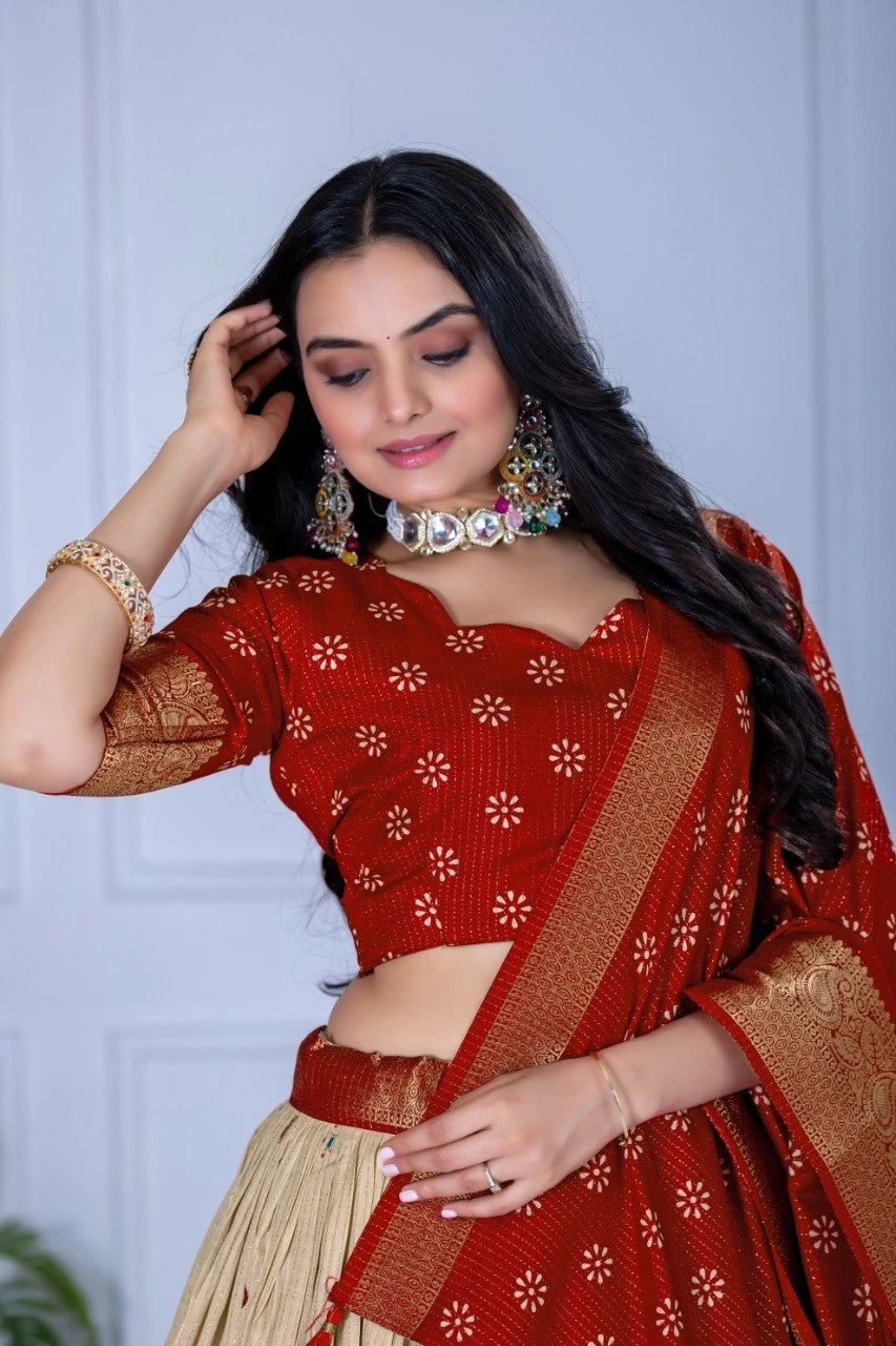 Woman wearing a traditional red and gold saree with a white background
